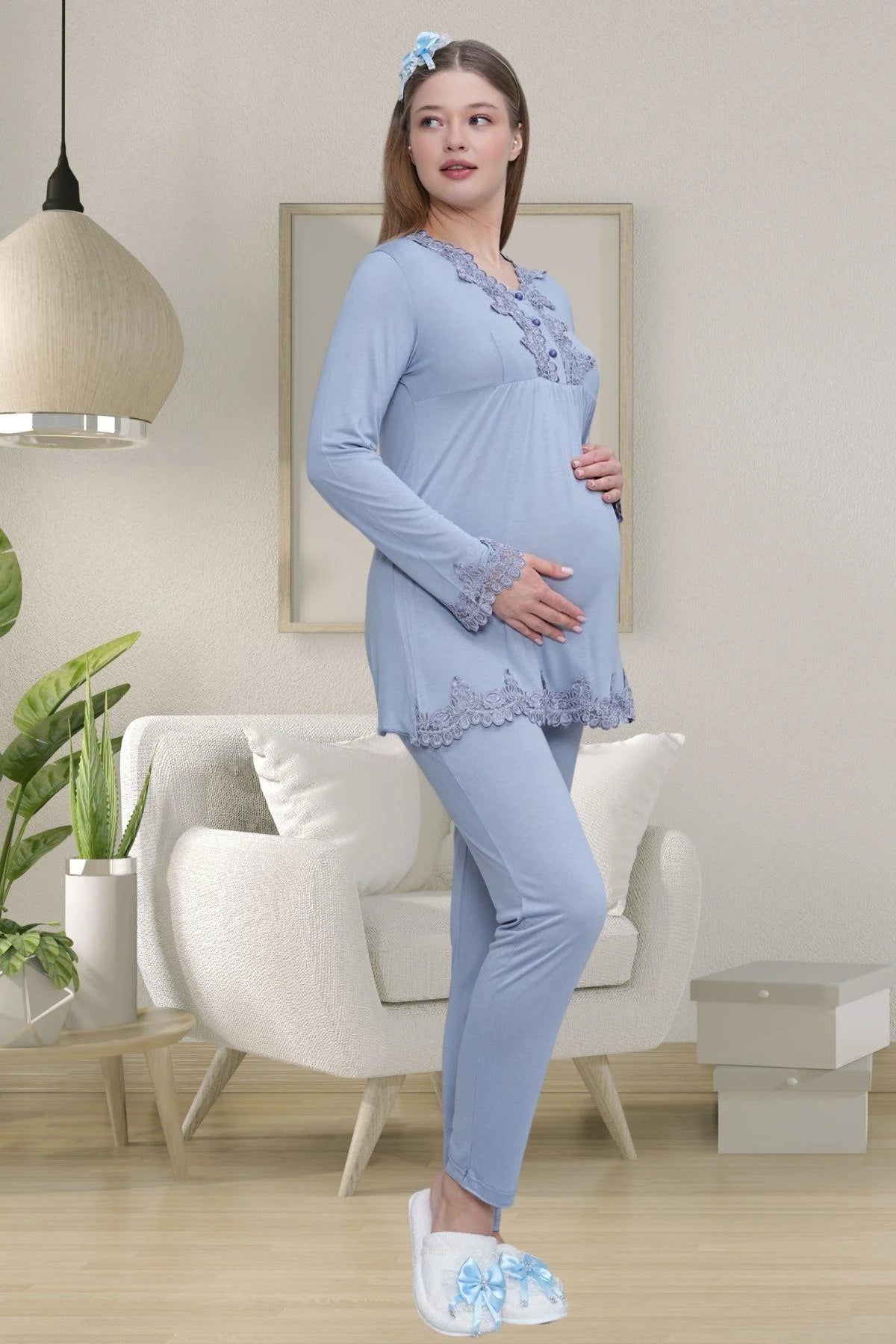 Lace Detailed Maternity & Nursing Pajama Set Blue - 1501