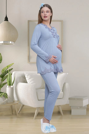 Lace Detailed Maternity & Nursing Pajama Set Blue - 1501