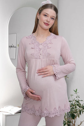 Lace Detailed Maternity & Nursing Pajama Set Dried Rose - 1501