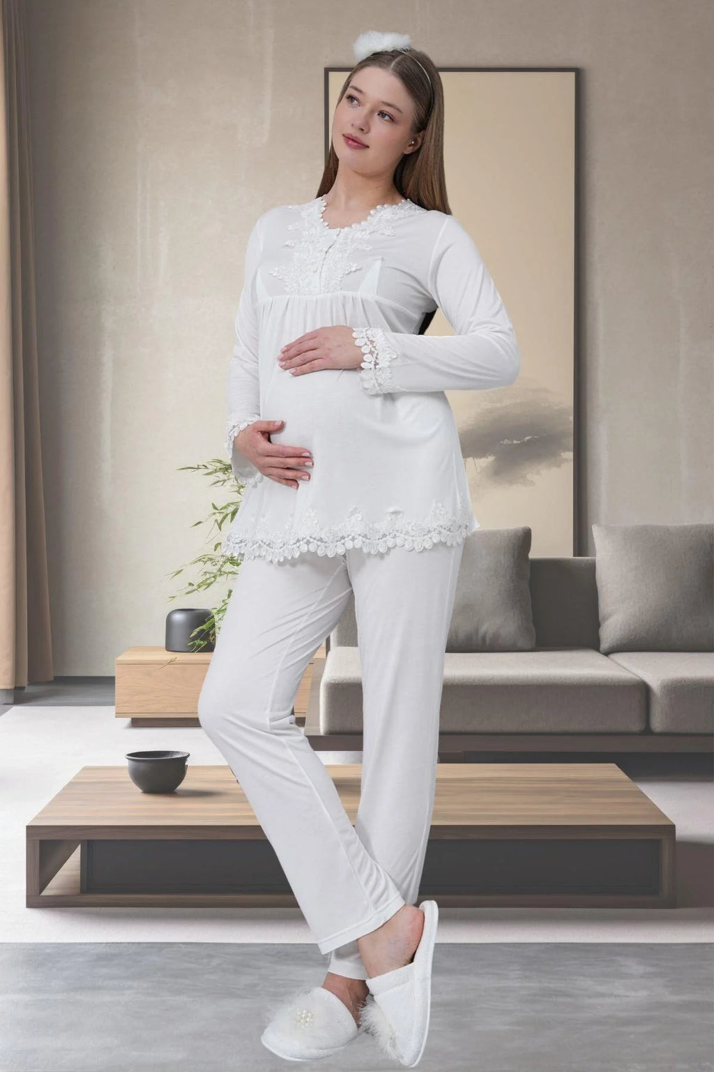Lace Detailed 4-Piece Maternity-Nursing Set Ecru - 1519