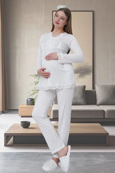 Lace Detailed Maternity & Nursing Pajama Set Ecru - 1501