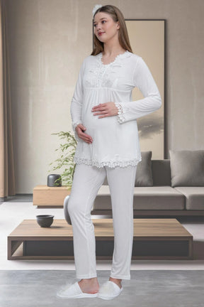 Lace Detailed Maternity & Nursing Pajama Set Ecru - 1501