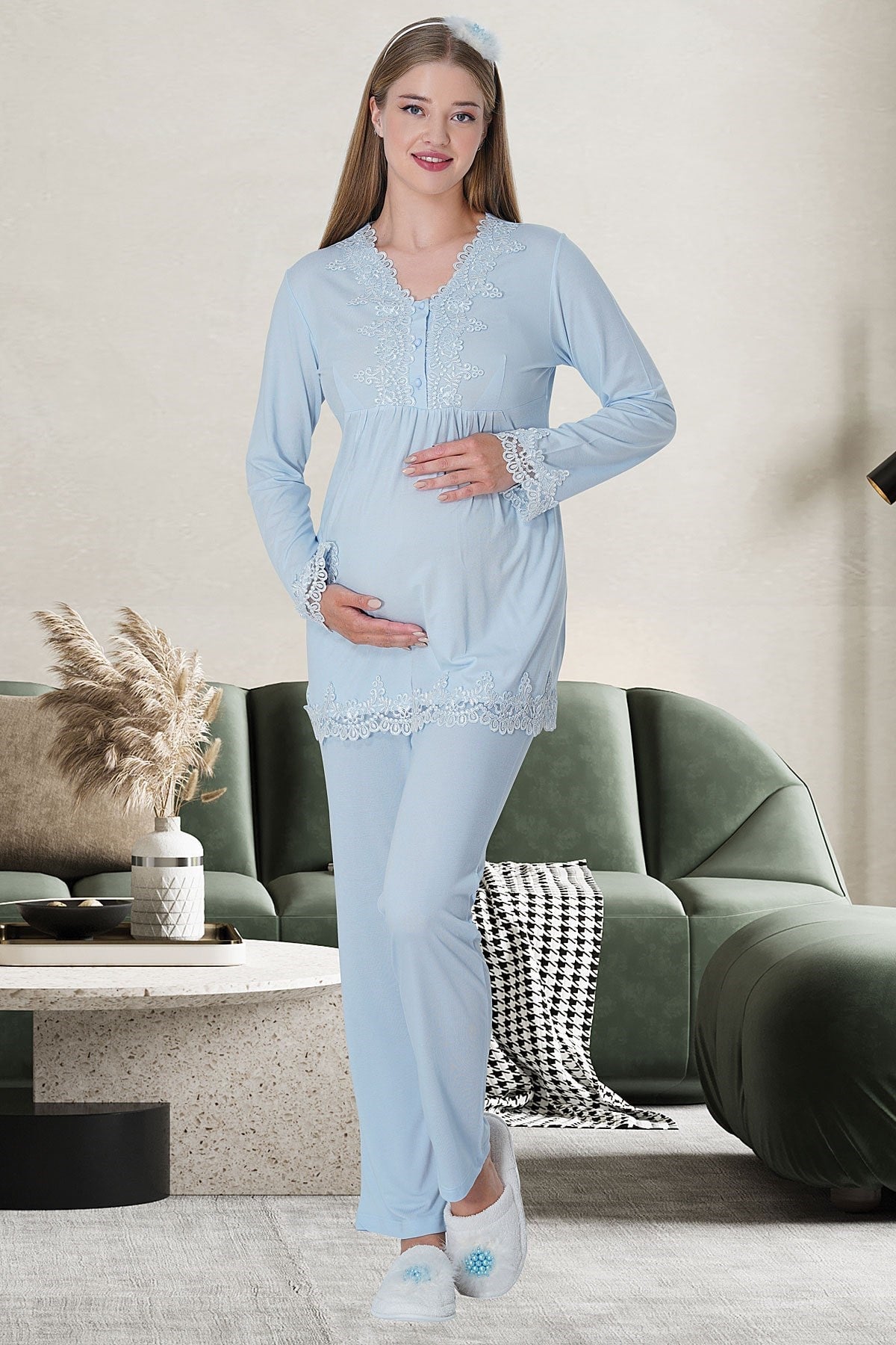 Lace Detailed Maternity & Nursing Pajama Set Blue - 1501