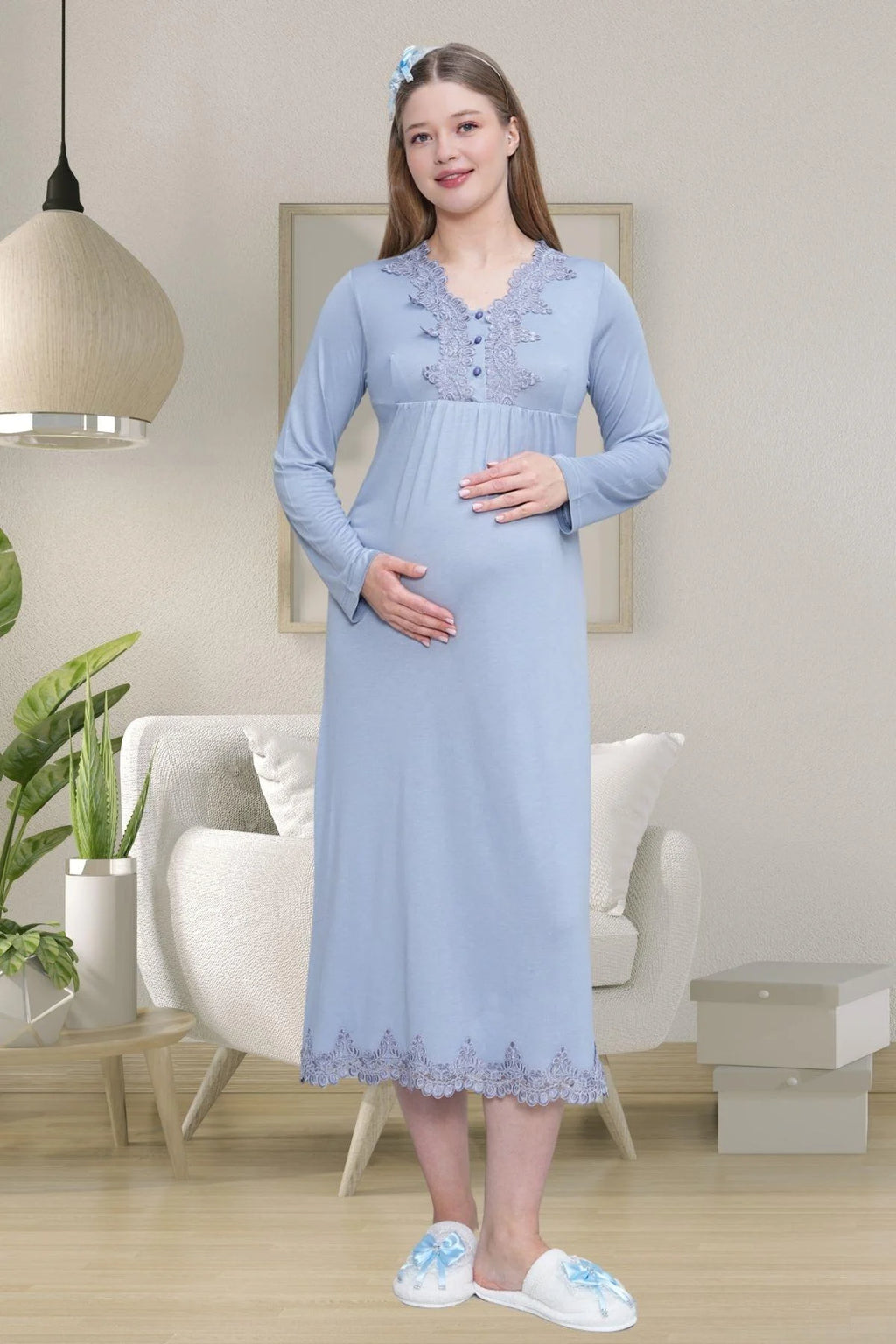 Lace Detailed Maternity & Nursing Nightgown Blue - 1512