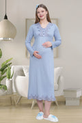 Lace Detailed Maternity & Nursing Nightgown Blue - 1512