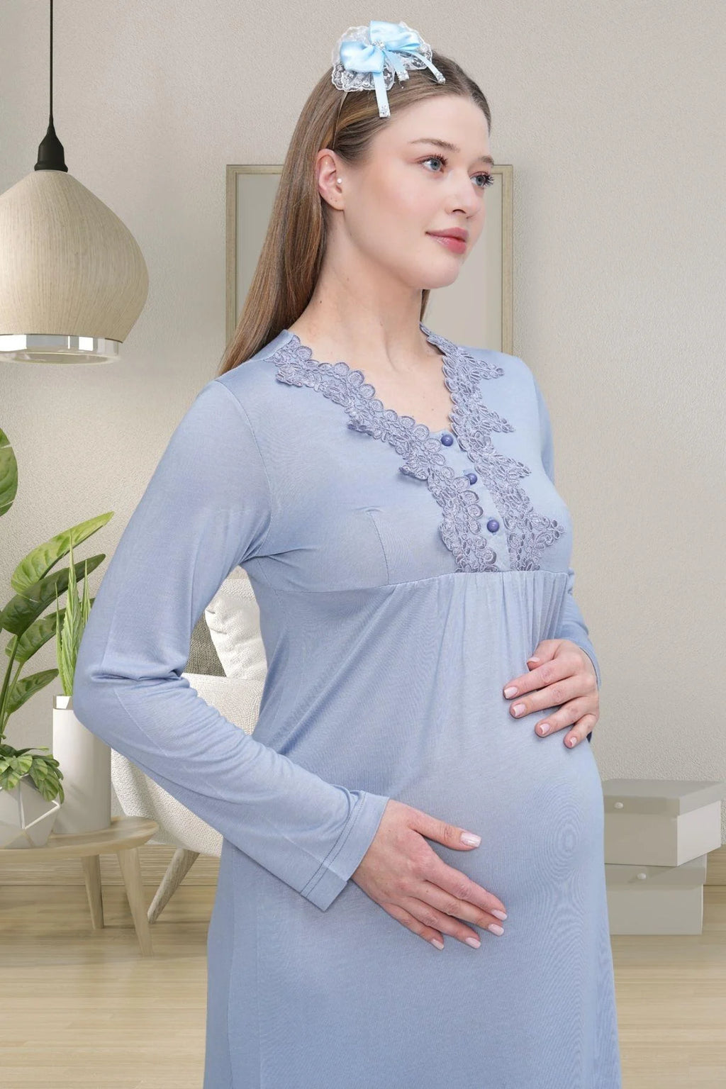 Lace Detailed Maternity & Nursing Nightgown Blue - 1512