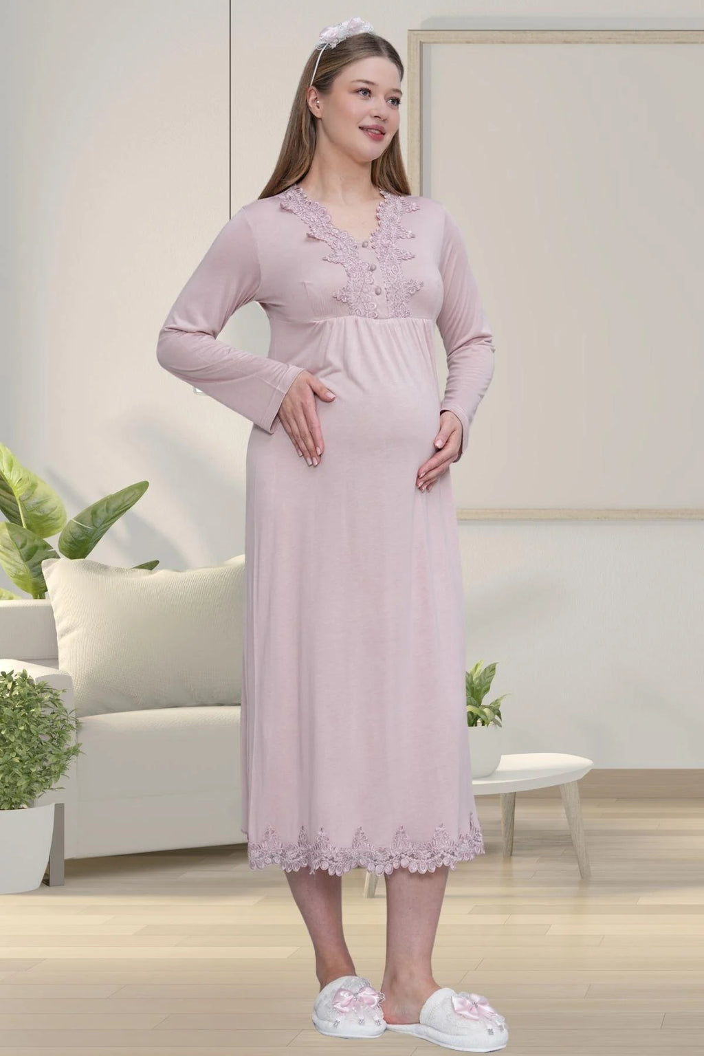 Lace Detailed Maternity & Nursing Nightgown Dried Rose - 1512
