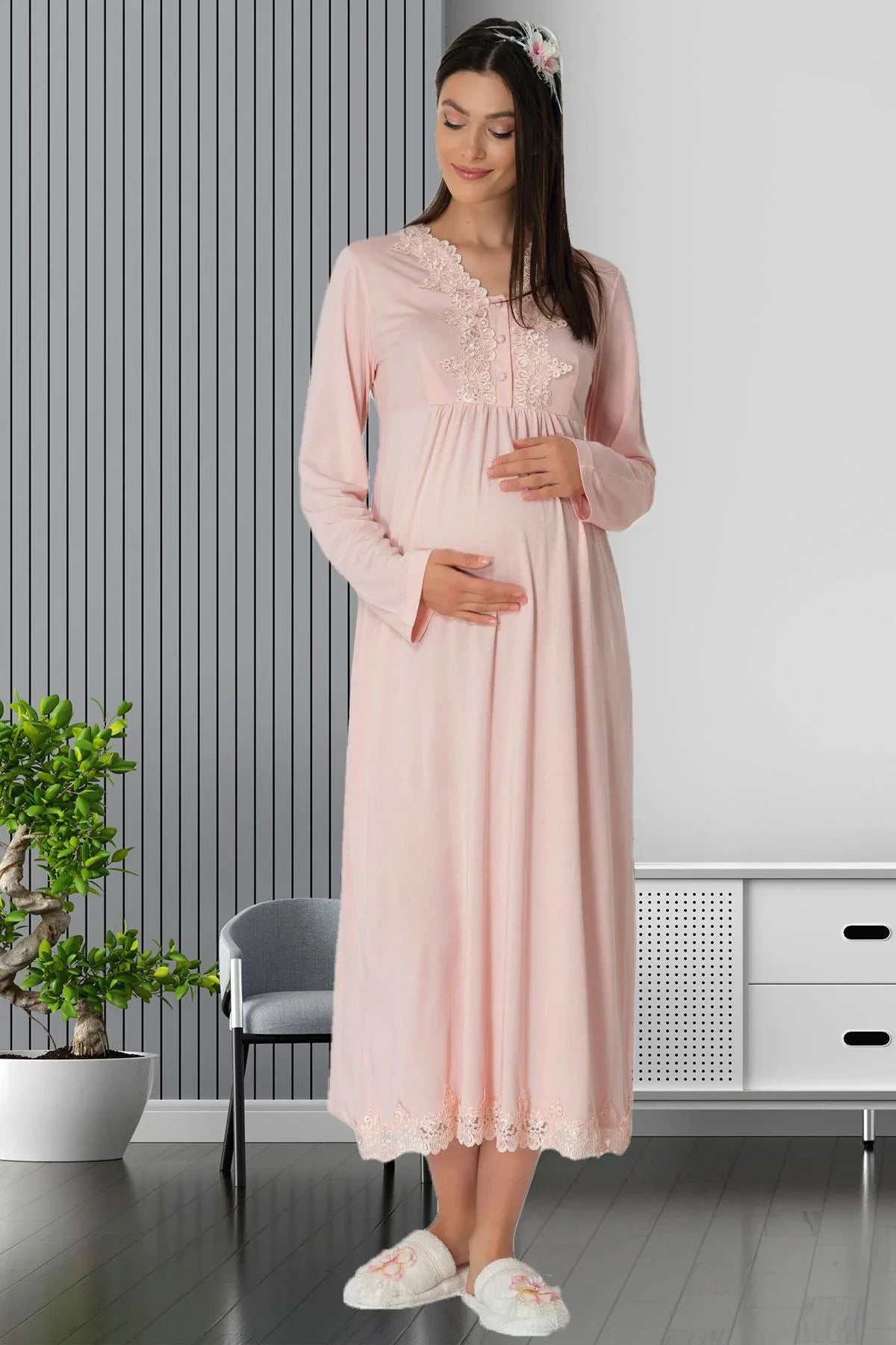 Lace Maternity & Nursing Nightgown Powder - 1512