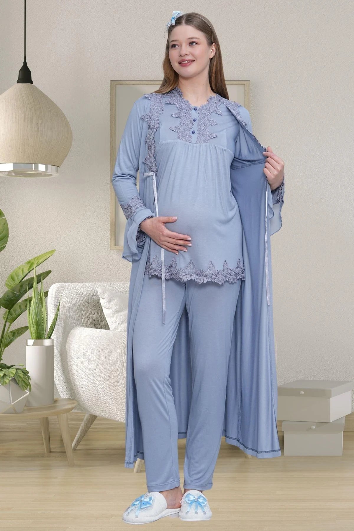 Lace Detailed 3-Piece Maternity-Nursing Pajama & Robe Set Blue - 1517
