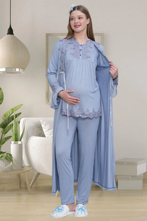 Lace Detailed 3-Piece Maternity-Nursing Pajama & Robe Set Blue - 1517