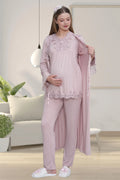 Lace Detailed 3-Piece Maternity-Nursing Pajama & Robe Set Dried Rose - 1517