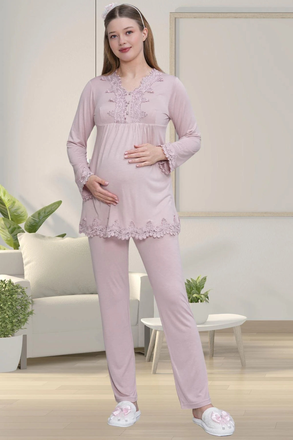 Lace Detailed 3-Piece Maternity-Nursing Pajama & Robe Set Dried Rose - 1517