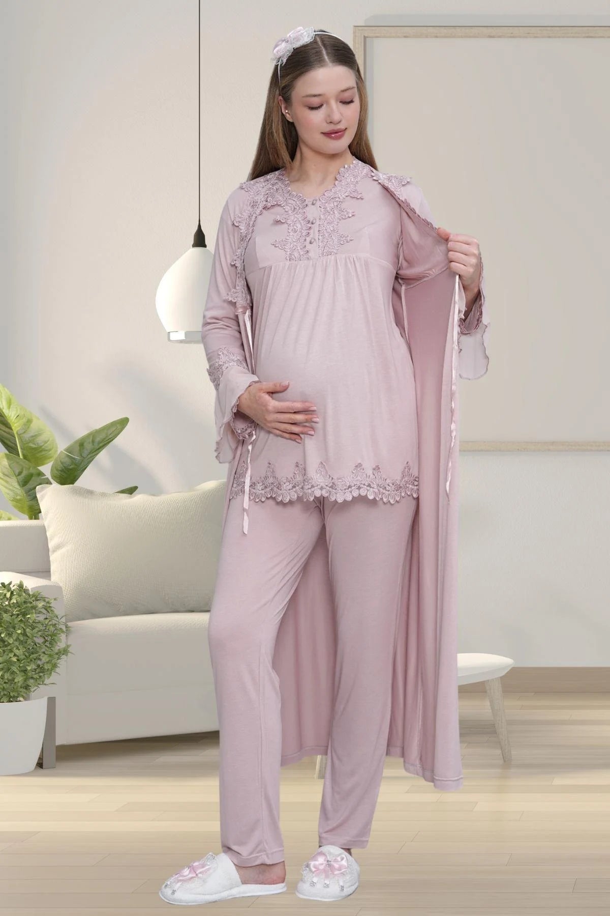 Lace Detailed 3-Piece Maternity-Nursing Pajama & Robe Set Dried Rose - 1517