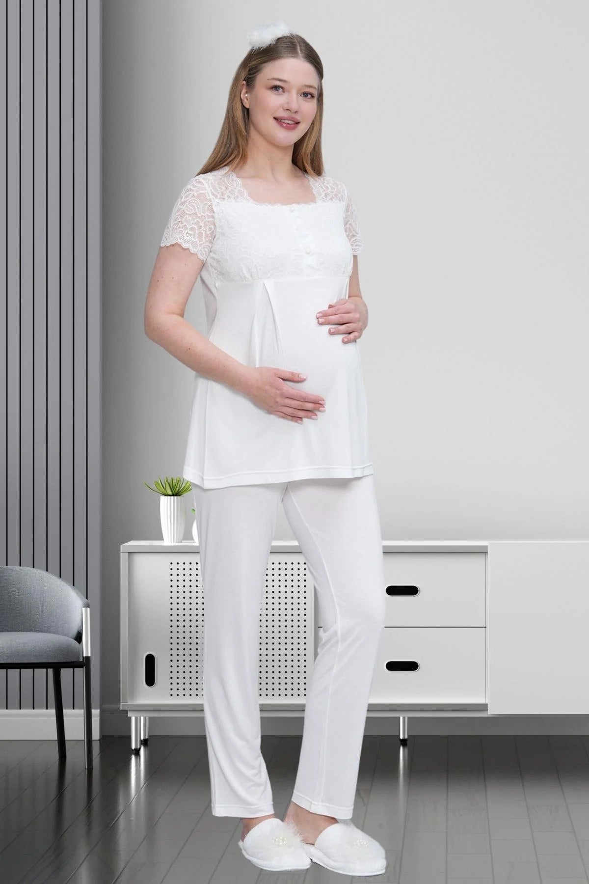 Lace Detailed 3-Piece Maternity-Nursing Pajama & Robe Set Ecru - 1517