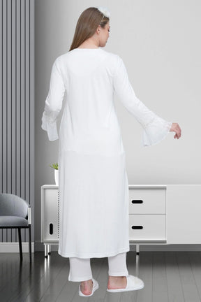 Lace Detailed 3-Piece Maternity-Nursing Pajama & Robe Set Ecru - 1517