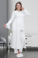 Lace Detailed 3-Piece Maternity-Nursing Pajama & Robe Set Ecru - 1517