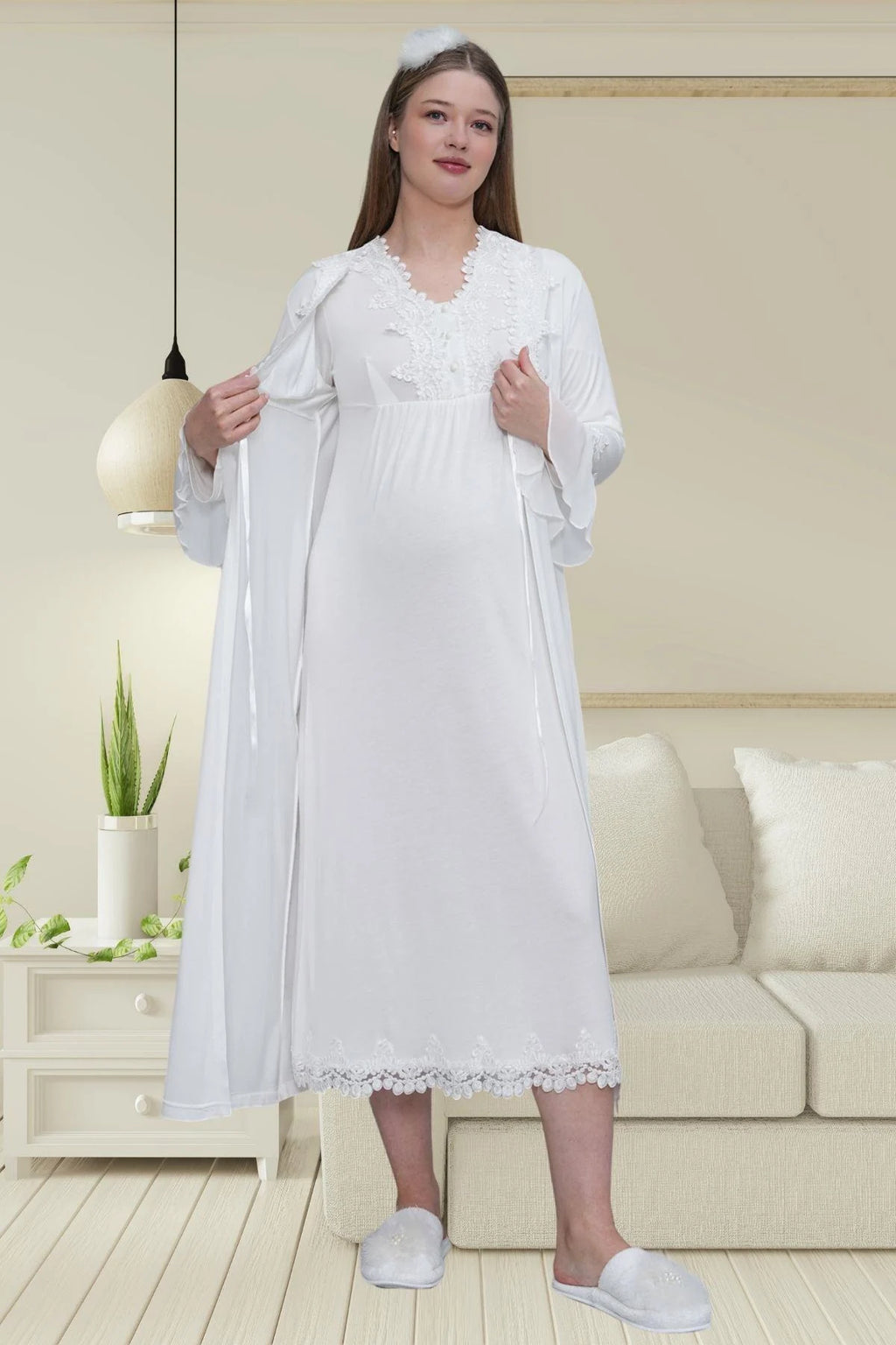 Lace Detailed 4-Piece Maternity-Nursing Set Ecru - 1519