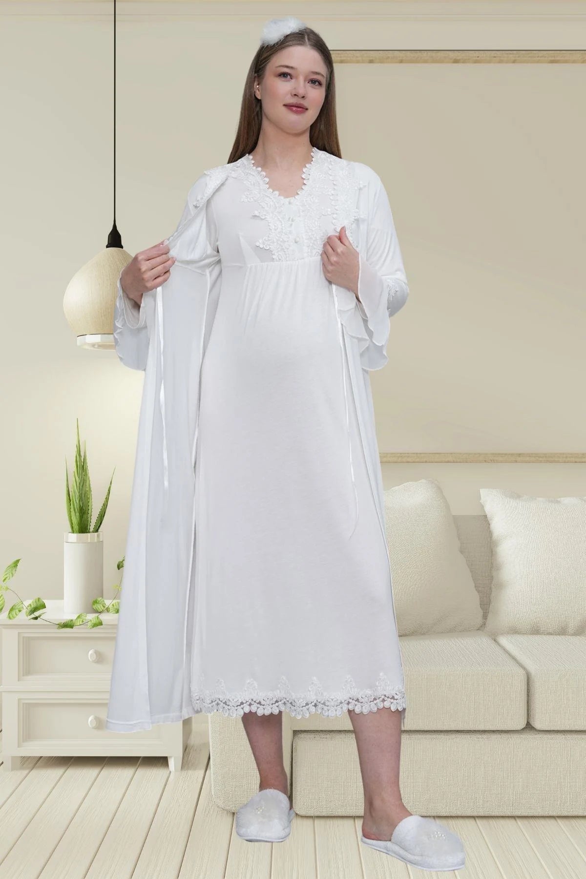 Lace Detailed 4-Piece Maternity-Nursing Set Ecru - 1519