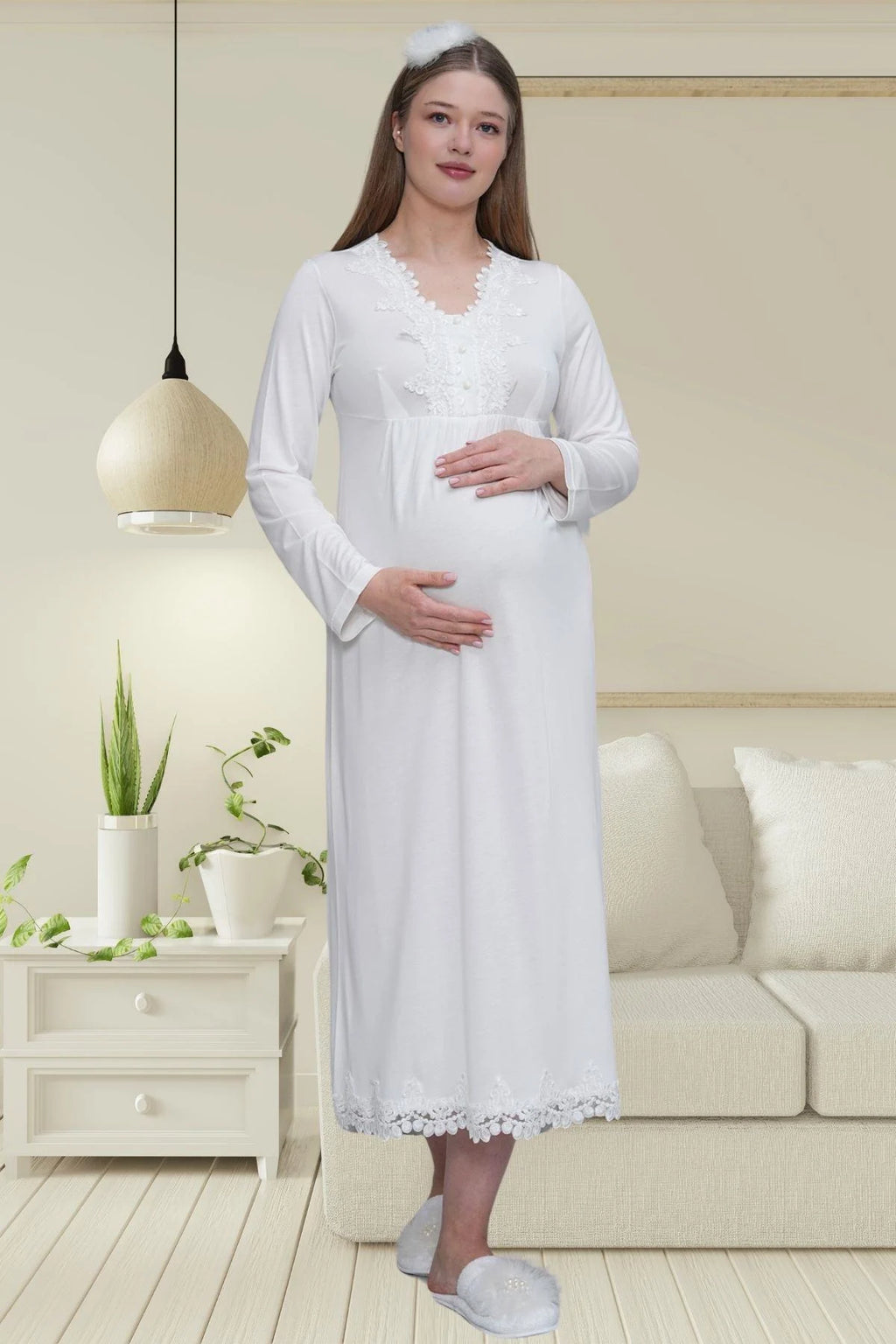 Lace Detailed 4-Piece Maternity-Nursing Set Ecru - 1519