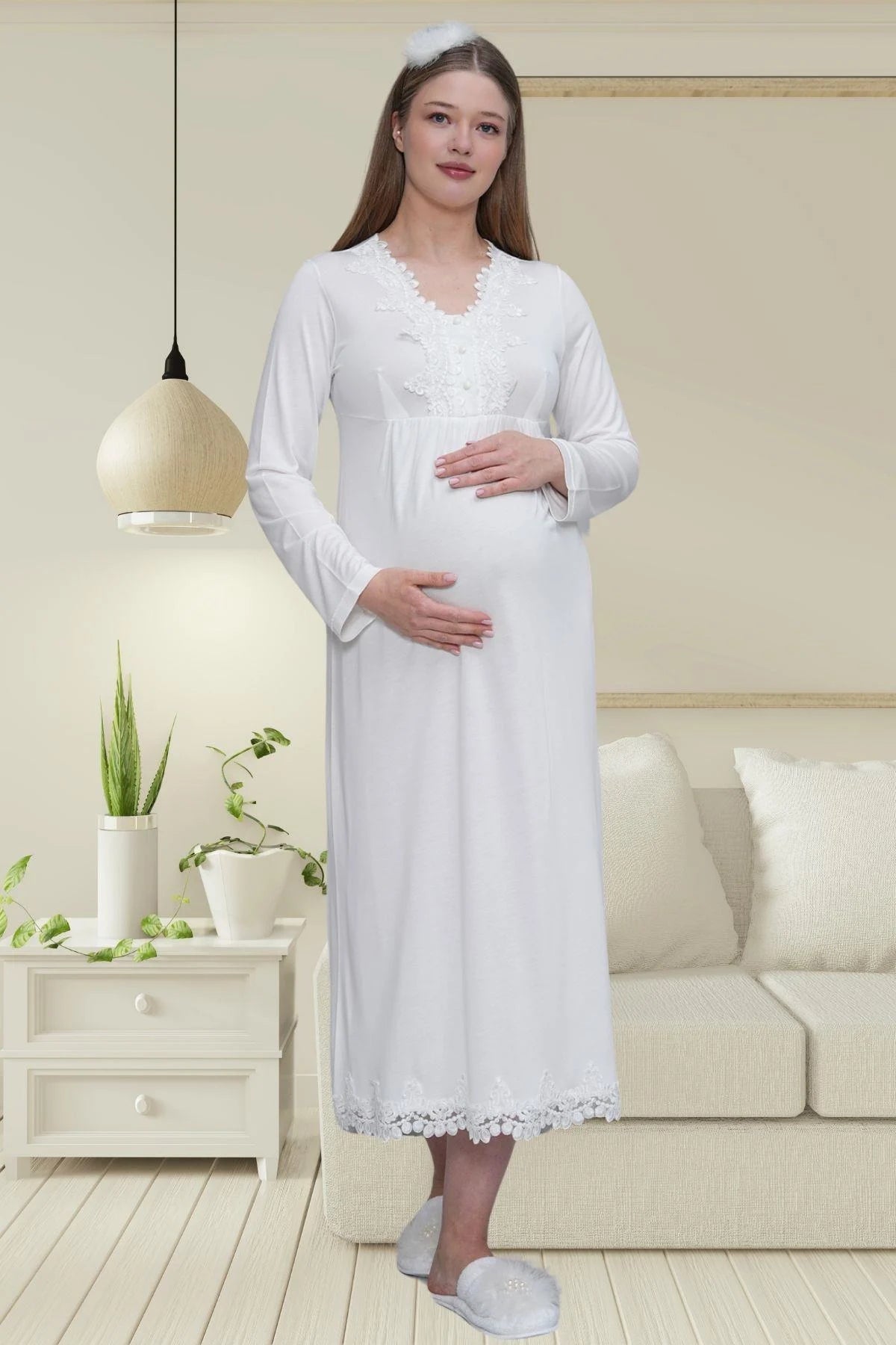 Lace Detailed 4-Piece Maternity-Nursing Set Ecru - 1519