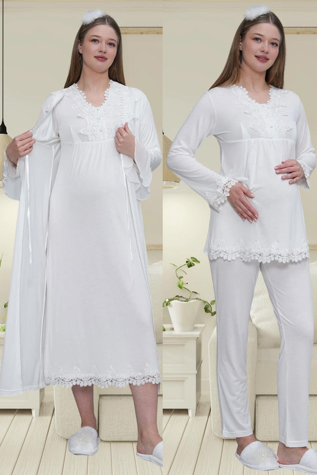 Lace Detailed 4-Piece Maternity-Nursing Set Ecru - 1519