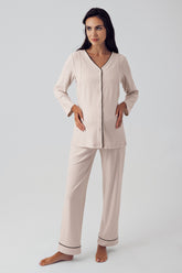 Double Breast Feeding Maternity & Nursing Pajamas Beige - 15207