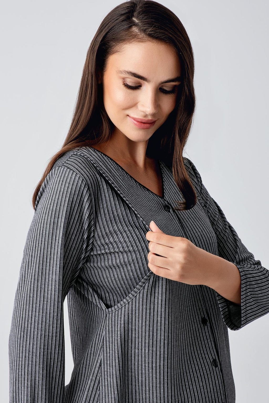 Double Breastfeeding 3-Piece Maternity Feeding-Friendly Pajama & Robe Set Black - S15307
