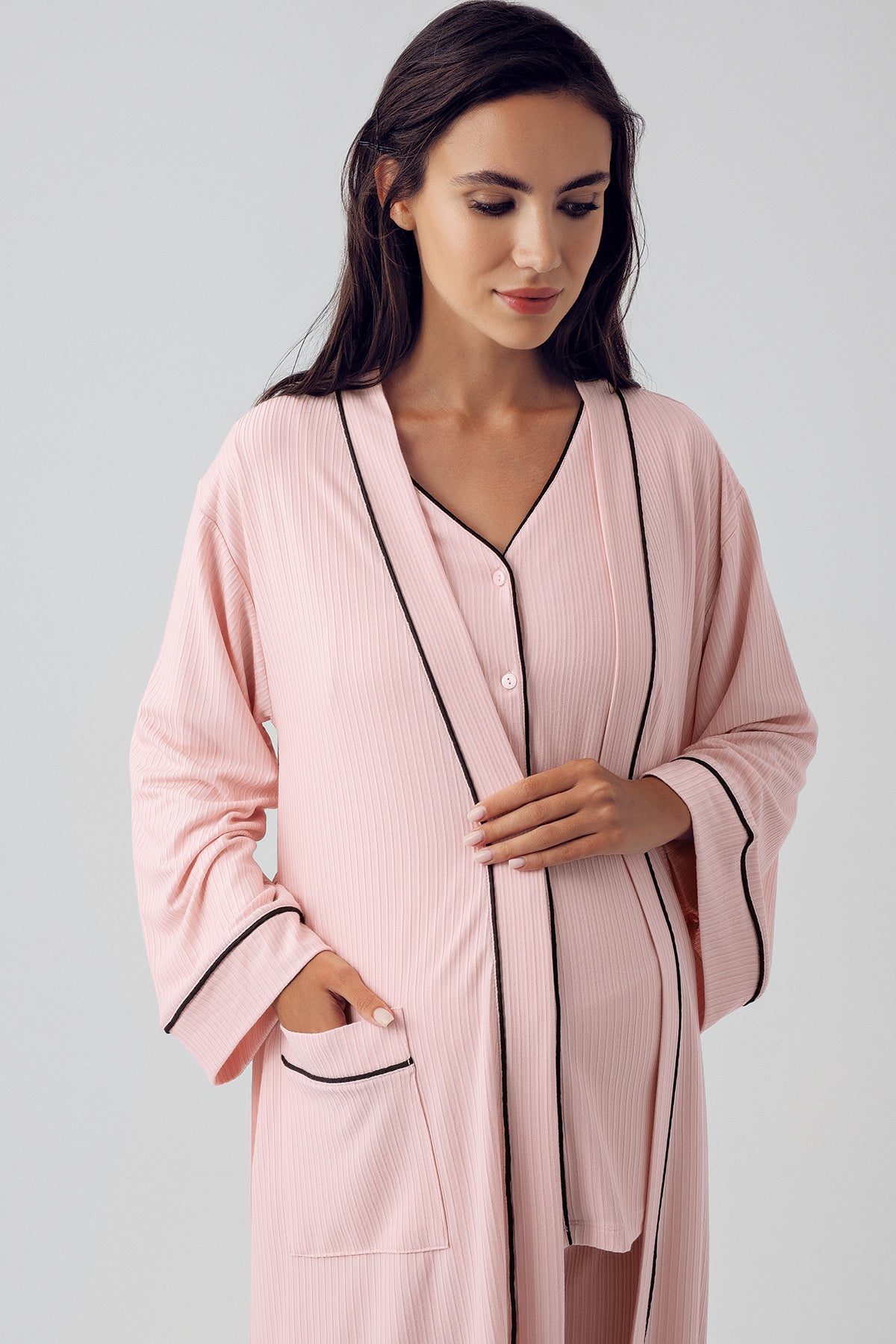 Double Breastfeeding 3-Piece Maternity-Nursing Pajama & Robe Set Powder - 15307