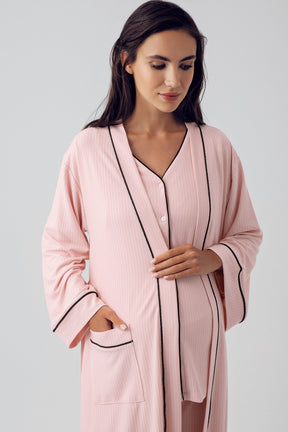 Double Breastfeeding 3-Piece Maternity-Nursing Pajama & Robe Set Powder - 15307