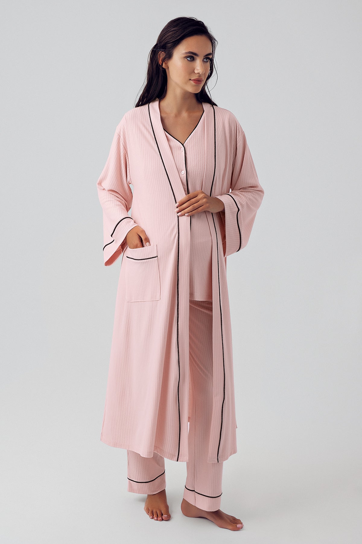 Double Breastfeeding 3-Piece Maternity-Nursing Pajama & Robe Set Powder - 15307