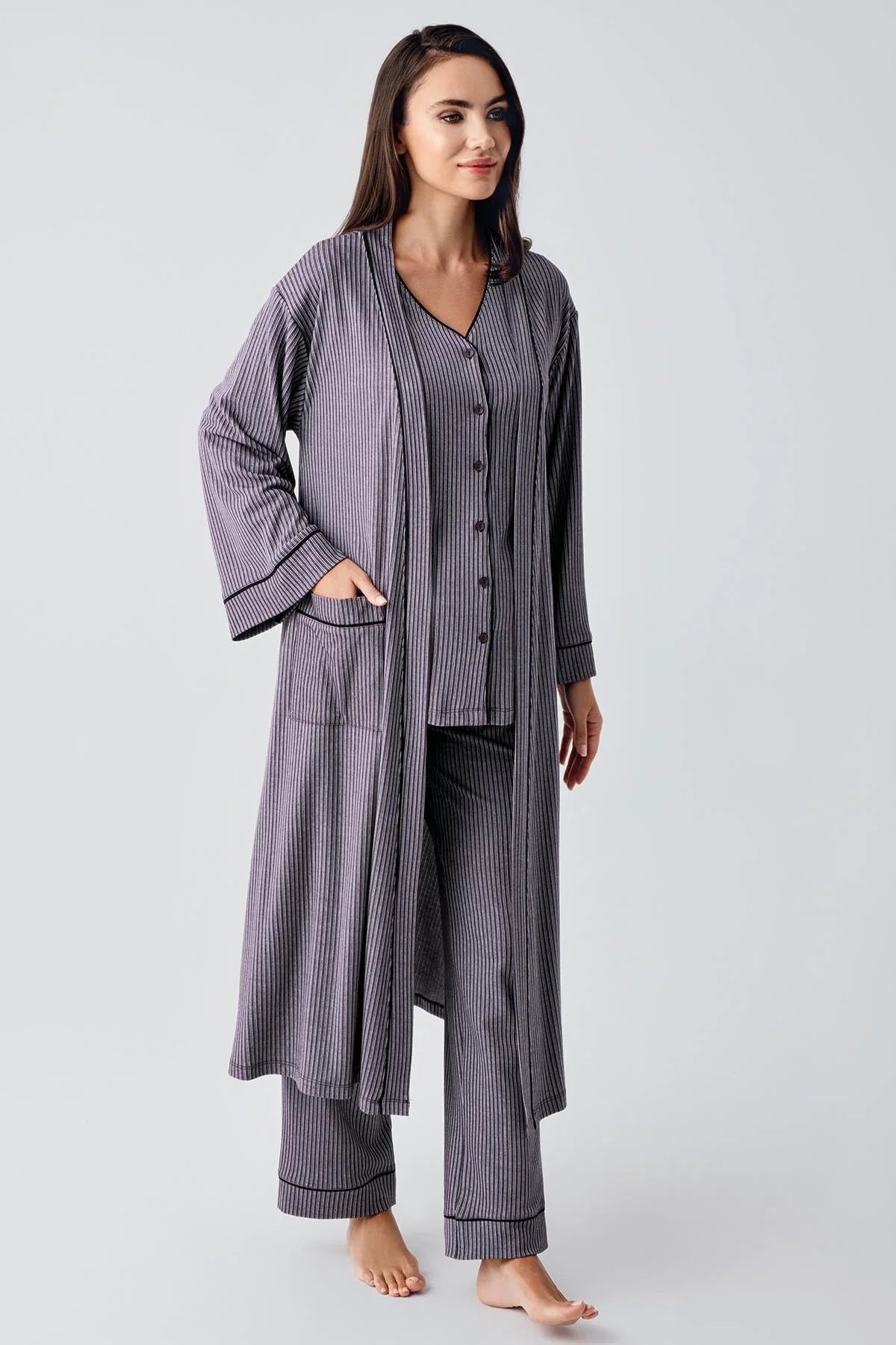 Double Breastfeeding 3-Piece Maternity Feeding-Friendly Pajama & Robe Set Purple - S15307
