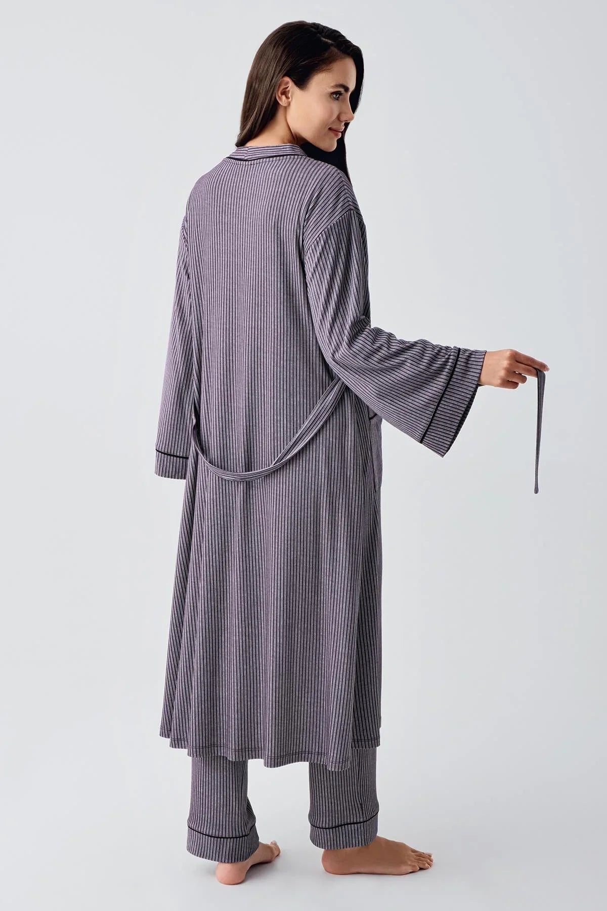 Double Breastfeeding 3-Piece Maternity Feeding-Friendly Pajama & Robe Set Purple - S15307