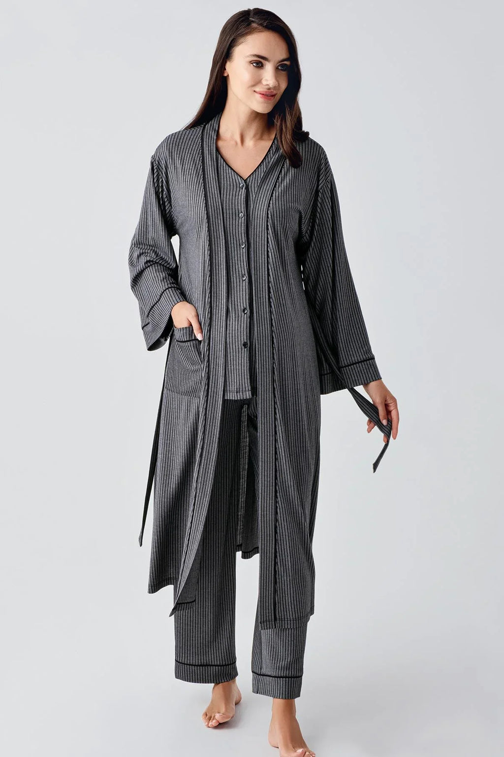 Double Breastfeeding 3-Piece Maternity Feeding-Friendly Pajama & Robe Set Black - S15307