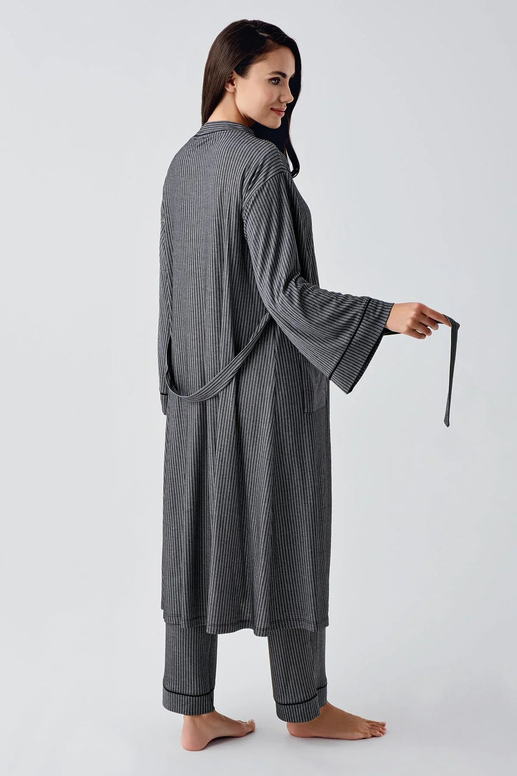 Double Breastfeeding 3-Piece Maternity Feeding-Friendly Pajama & Robe Set Black - S15307