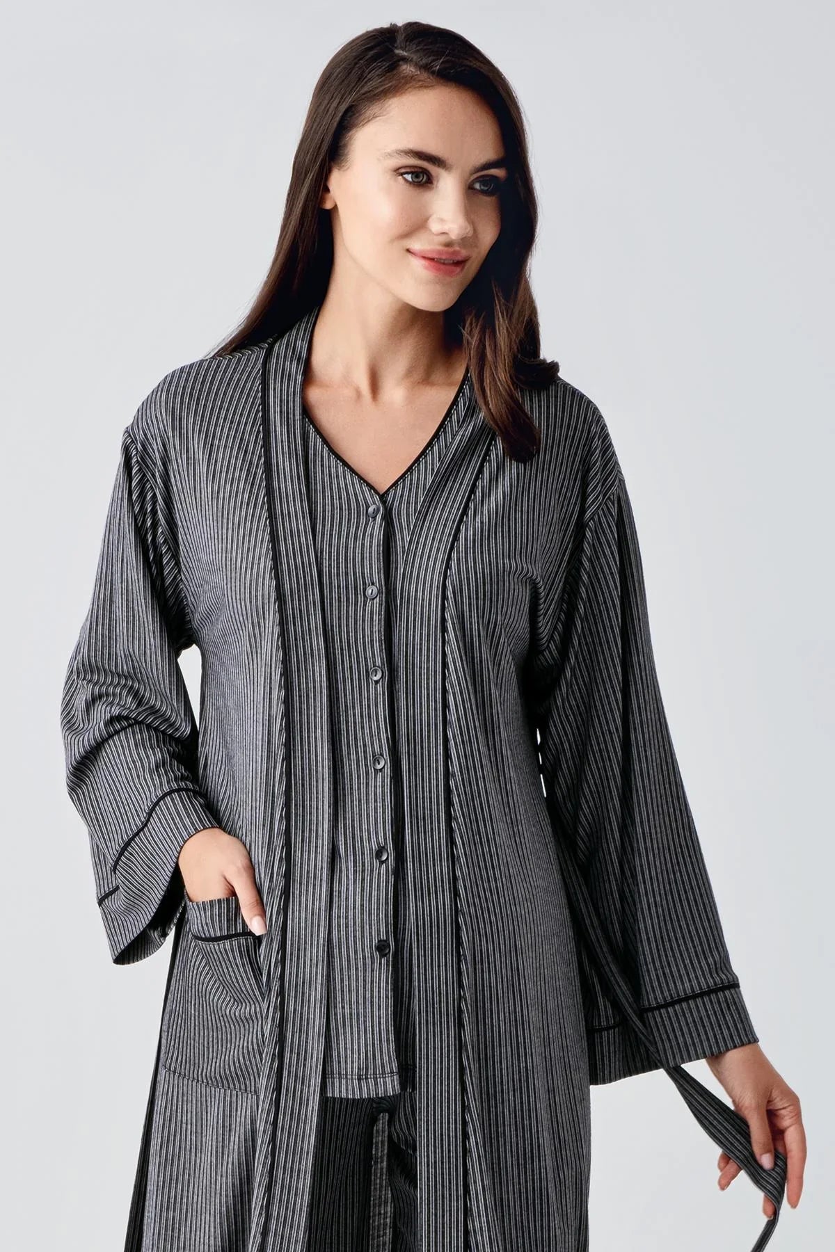 Double Breastfeeding 3-Piece Maternity Feeding-Friendly Pajama & Robe Set Black - S15307
