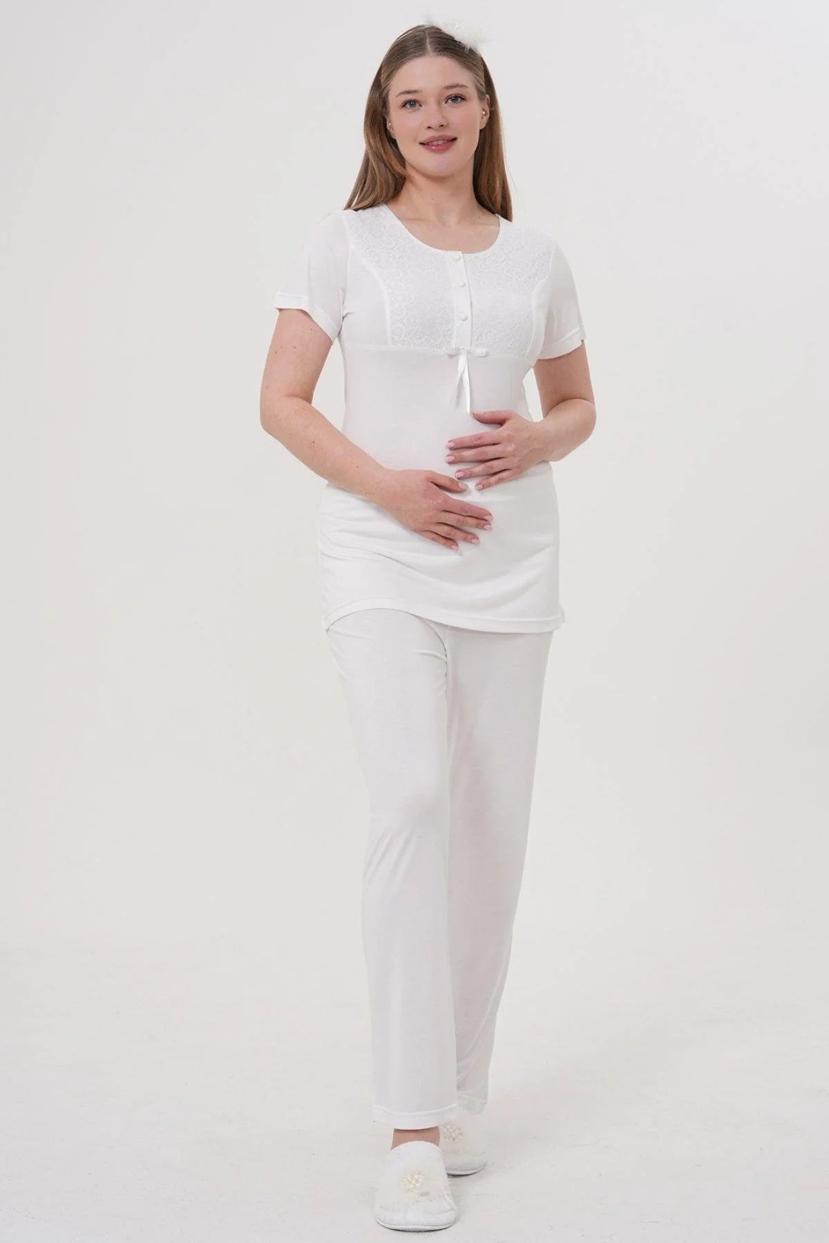Delicate Lace Collar 3-Piece Maternity-Nursing Pajama & Robe Set Ecru - 1541