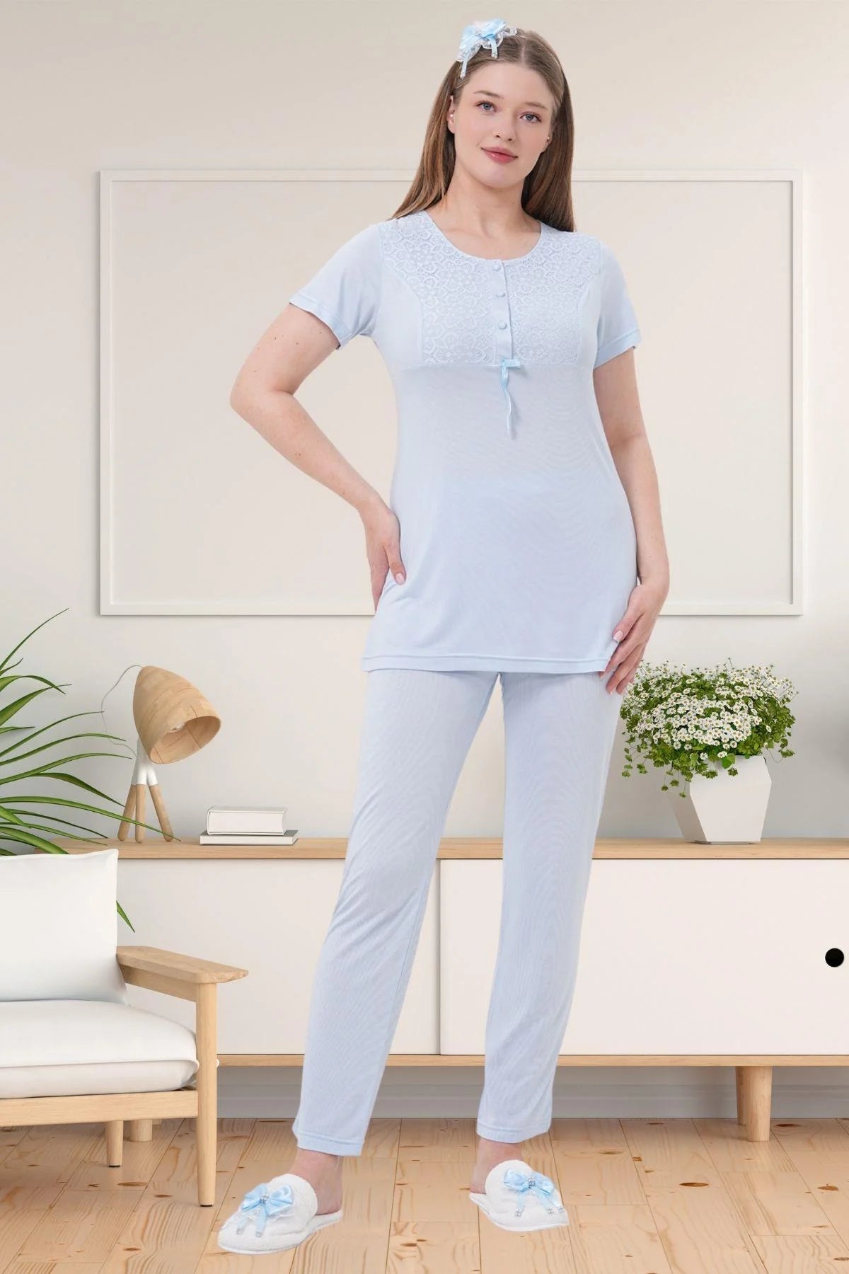 Delicate Lace Collar 3-Piece Maternity-Nursing Pajama & Robe Set Blue - 1541