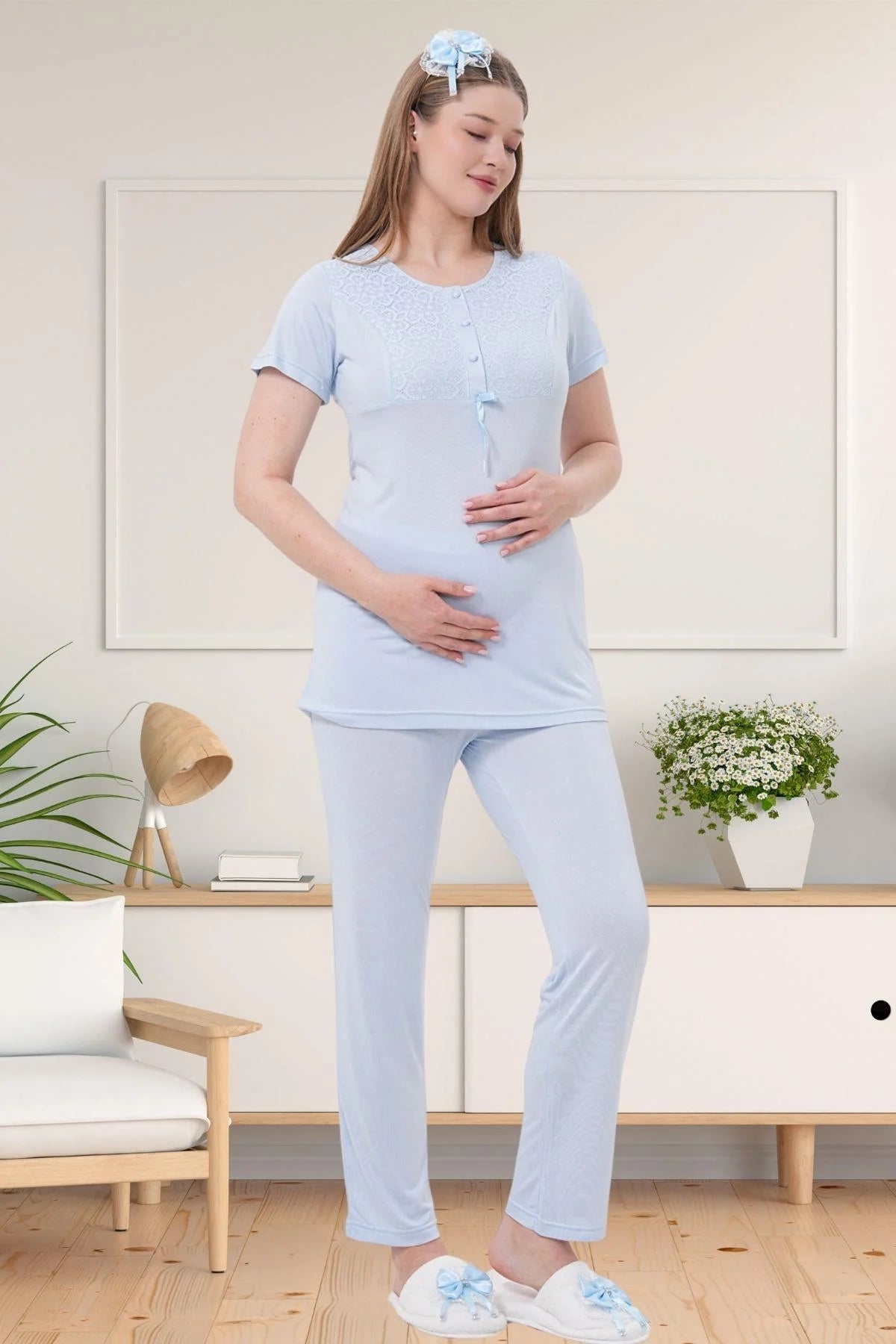 Delicate Lace Collar 3-Piece Maternity-Nursing Pajama & Robe Set Blue - 1541