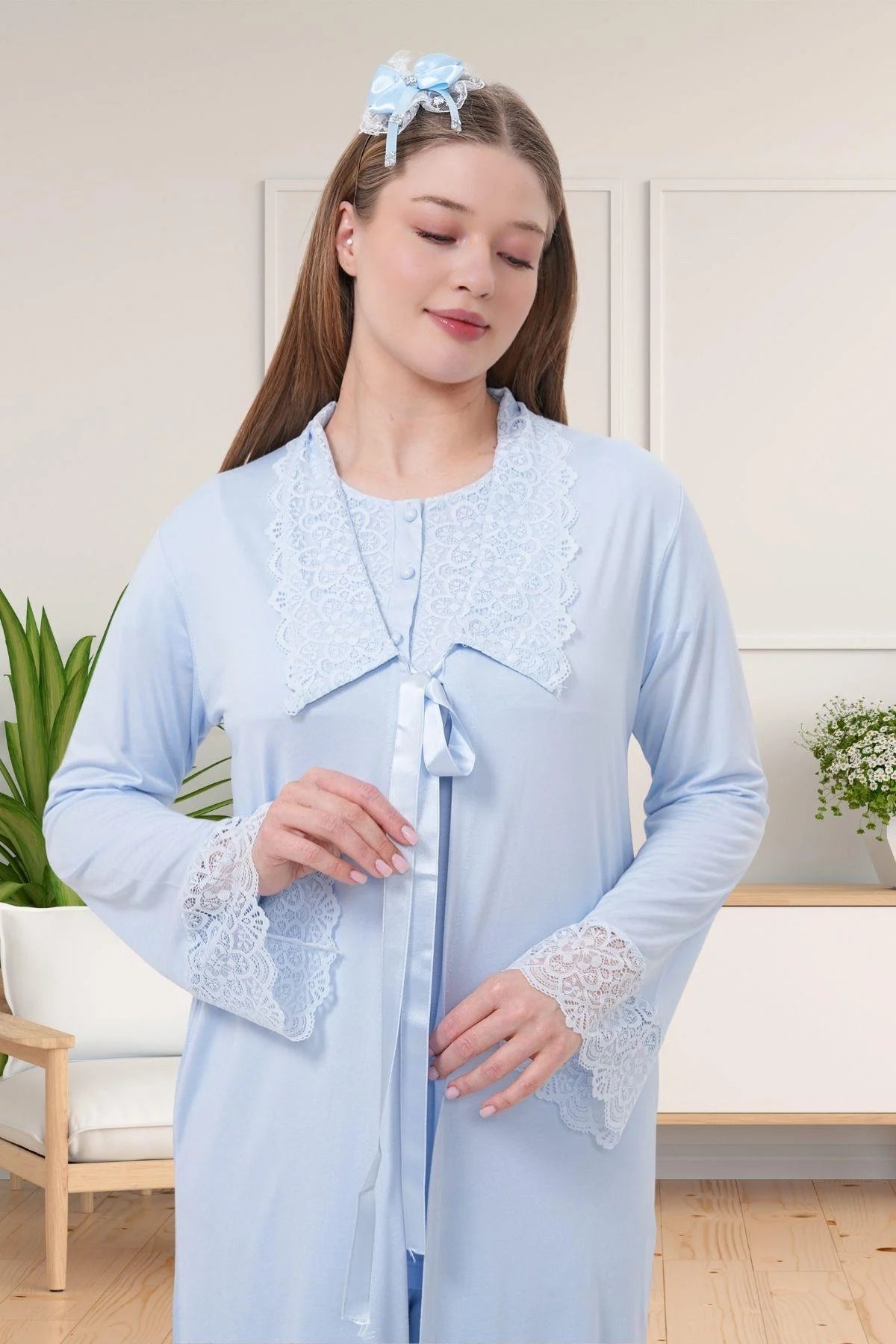 Delicate Lace Collar 3-Piece Maternity-Nursing Pajama & Robe Set Blue - 1541