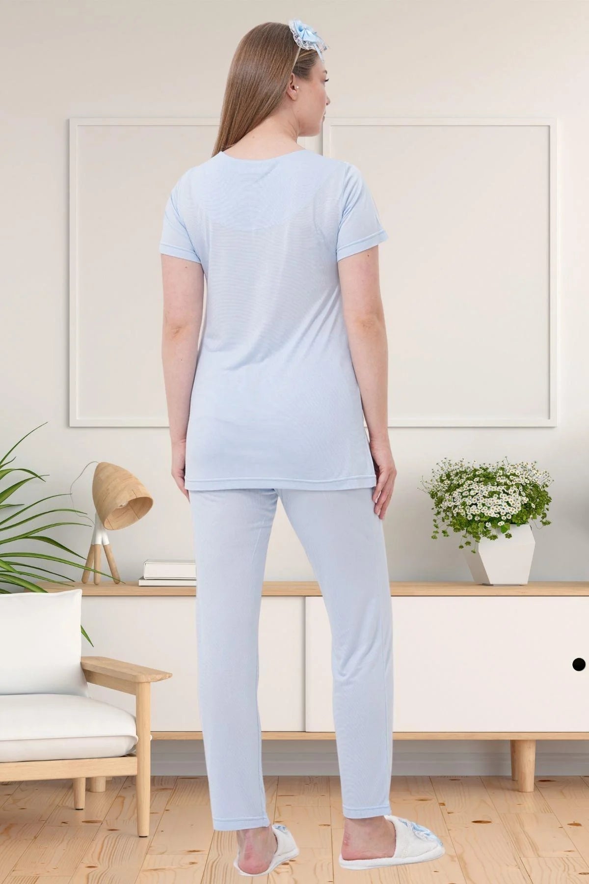 Delicate Lace Collar 3-Piece Maternity-Nursing Pajama & Robe Set Blue - 1541