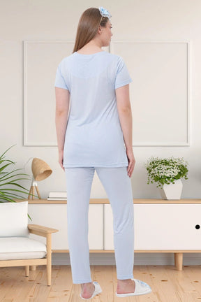 Delicate Lace Collar 3-Piece Maternity-Nursing Pajama & Robe Set Blue - 1541