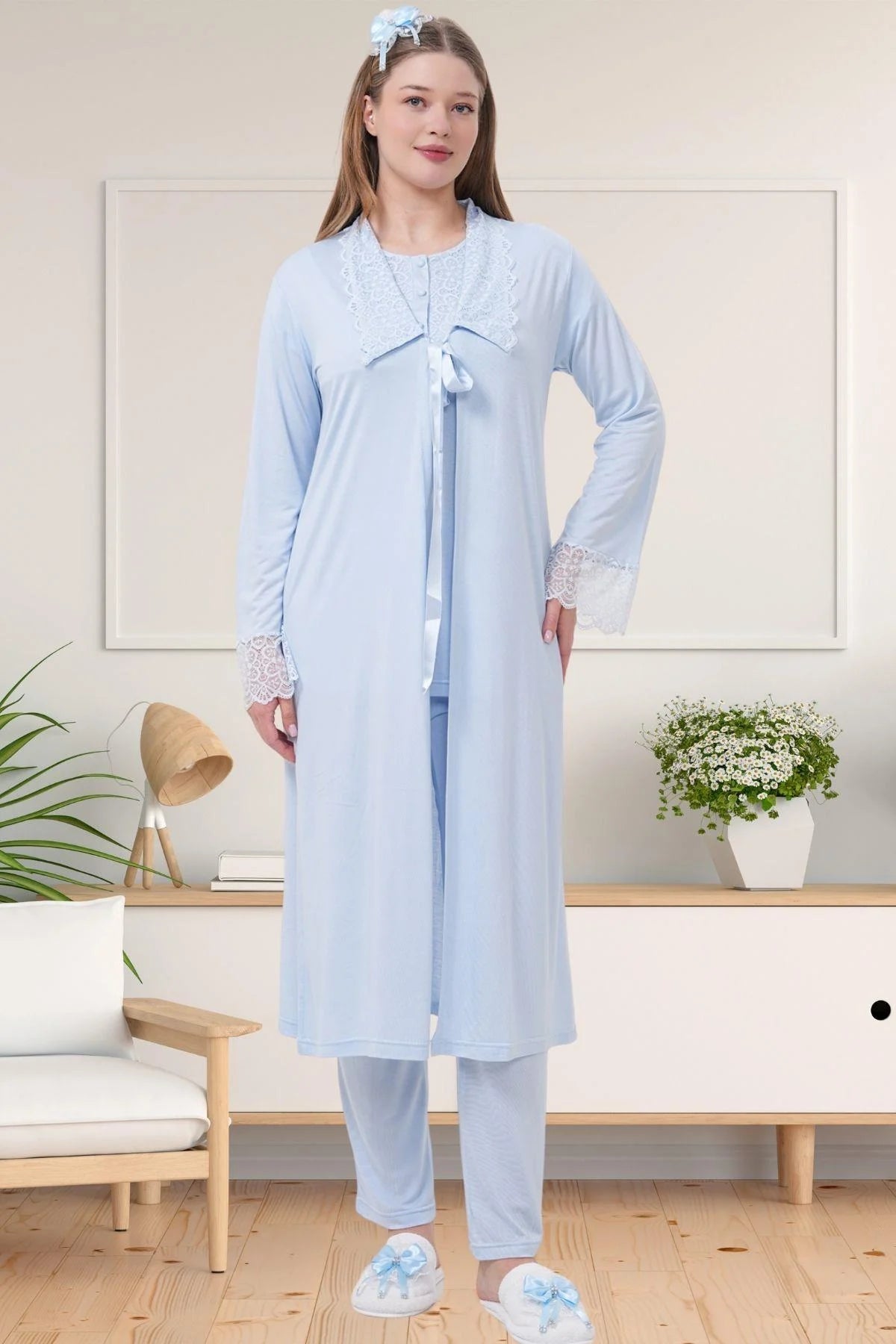 Delicate Lace Collar 3-Piece Maternity-Nursing Pajama & Robe Set Blue - 1541