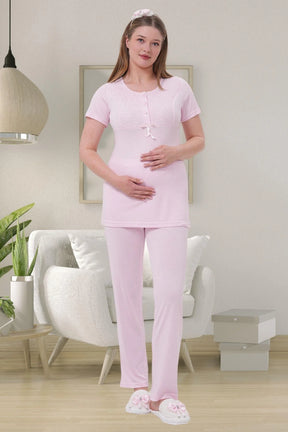 Delicate Lace Collar 3-Piece Maternity-Nursing Pajama & Robe Set Pink - 1541
