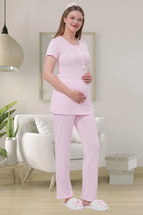 Delicate Lace Collar 3-Piece Maternity-Nursing Pajama & Robe Set Pink - 1541