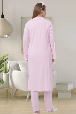 Delicate Lace Collar 3-Piece Maternity-Nursing Pajama & Robe Set Pink - 1541