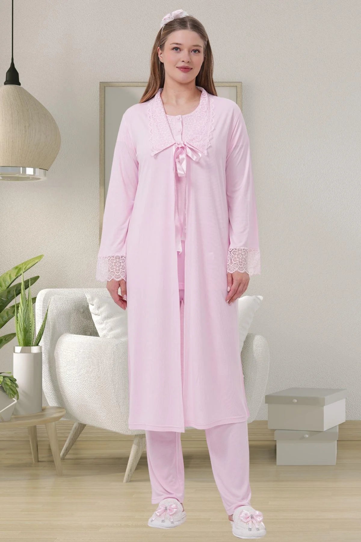 Delicate Lace Collar 3-Piece Maternity-Nursing Pajama & Robe Set Pink - 1541