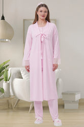 Delicate Lace Collar 3-Piece Maternity-Nursing Pajama & Robe Set Pink - 1541