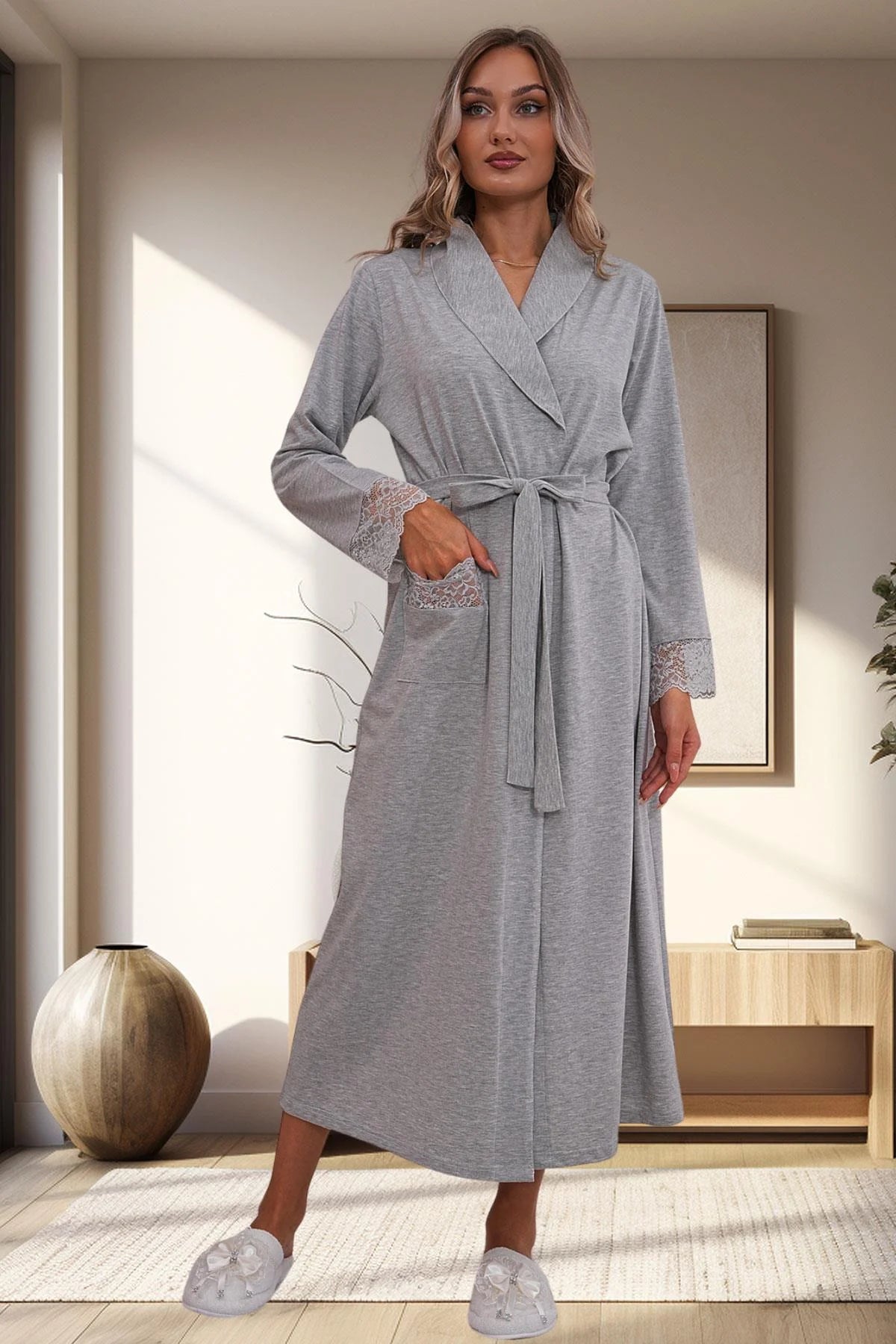 Lace Sleeve Maternity Robe Grey - 1543