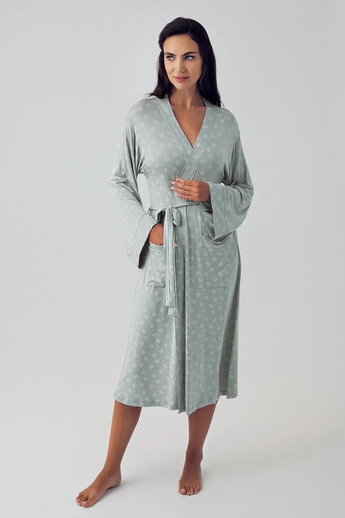 Flower Patterned Maternity Robe Green - 15505