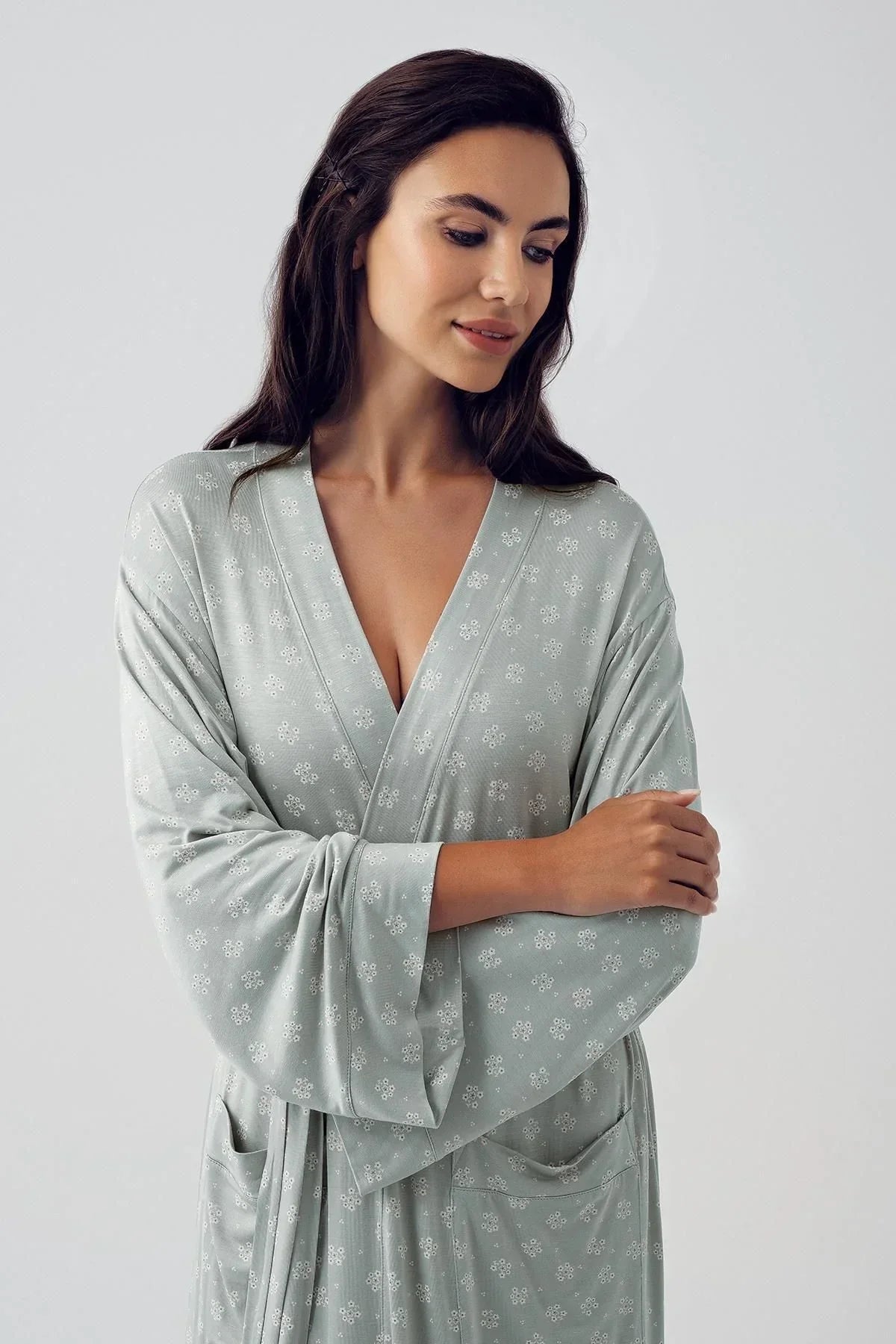 Flower Patterned Maternity Robe Green - 15505